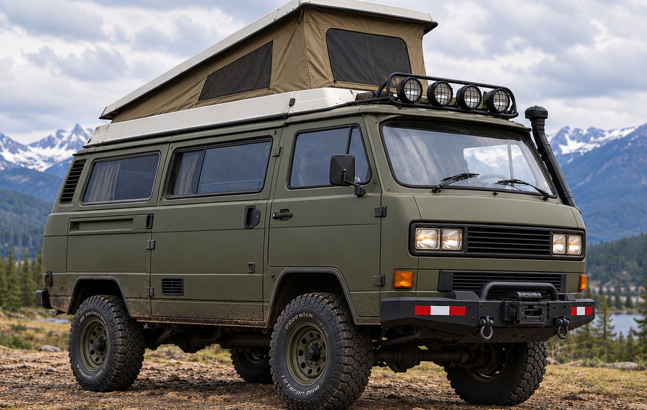 An olive green camper van with a raised tan pop-top, a four-lamp roof light bar, a snorkel, a steel winch bumper, and big all-terrain tires, parked on a mountain trail.